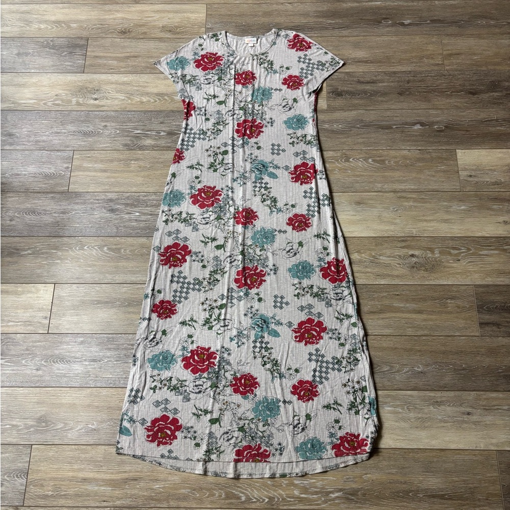 Lularoe Maria Dress Sz M Gray Floral Maxi Lounge Comfort Stretch Boho Romantic